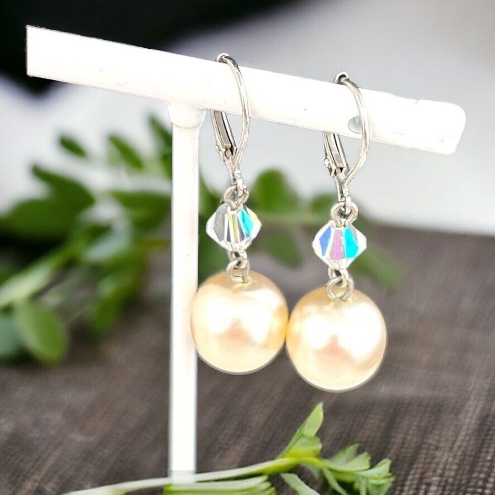 Vintage 1980s Pearl Drop Earrings Silver Tone Crystal Leverback - 1P